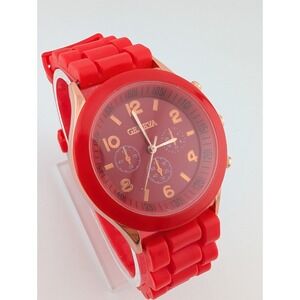 Geneva Watch Women 38mm Rose Gold‎ Case Red Silicone Band- New Battery